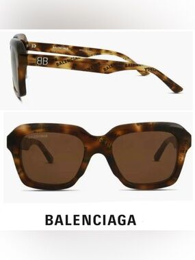 BALENCIAGA BB0127S Tortoise / Havana Frame Square Brown Lenses Sunglasses NWT